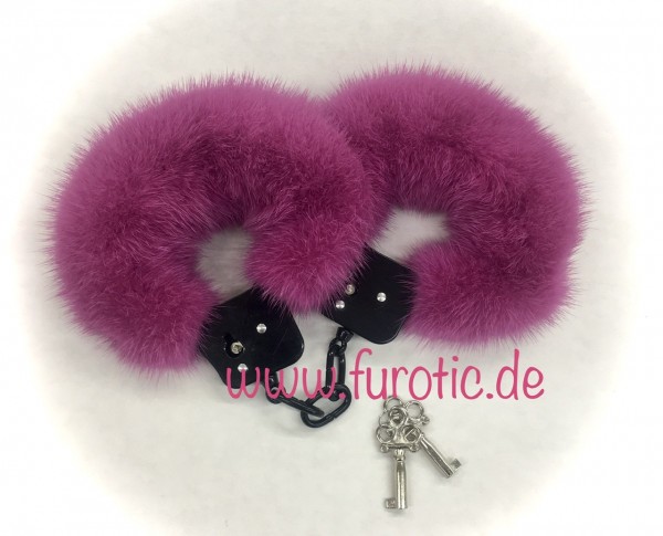 NERZ PINK - Metall Handschellen in Schwarz - Pelz Handschellen - Fur Handcuffs - MINK HOT PINK