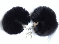 Schwarze Blaufuchs Pelz - Metall Handschellen (schwere Qualität) in Chrom - Genuine Black Blue Fox Fur Handcuffs